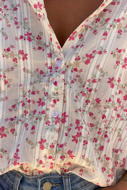 Camisa Algodón Pequeñas Flores Fucsia Rayas Bordado Calado