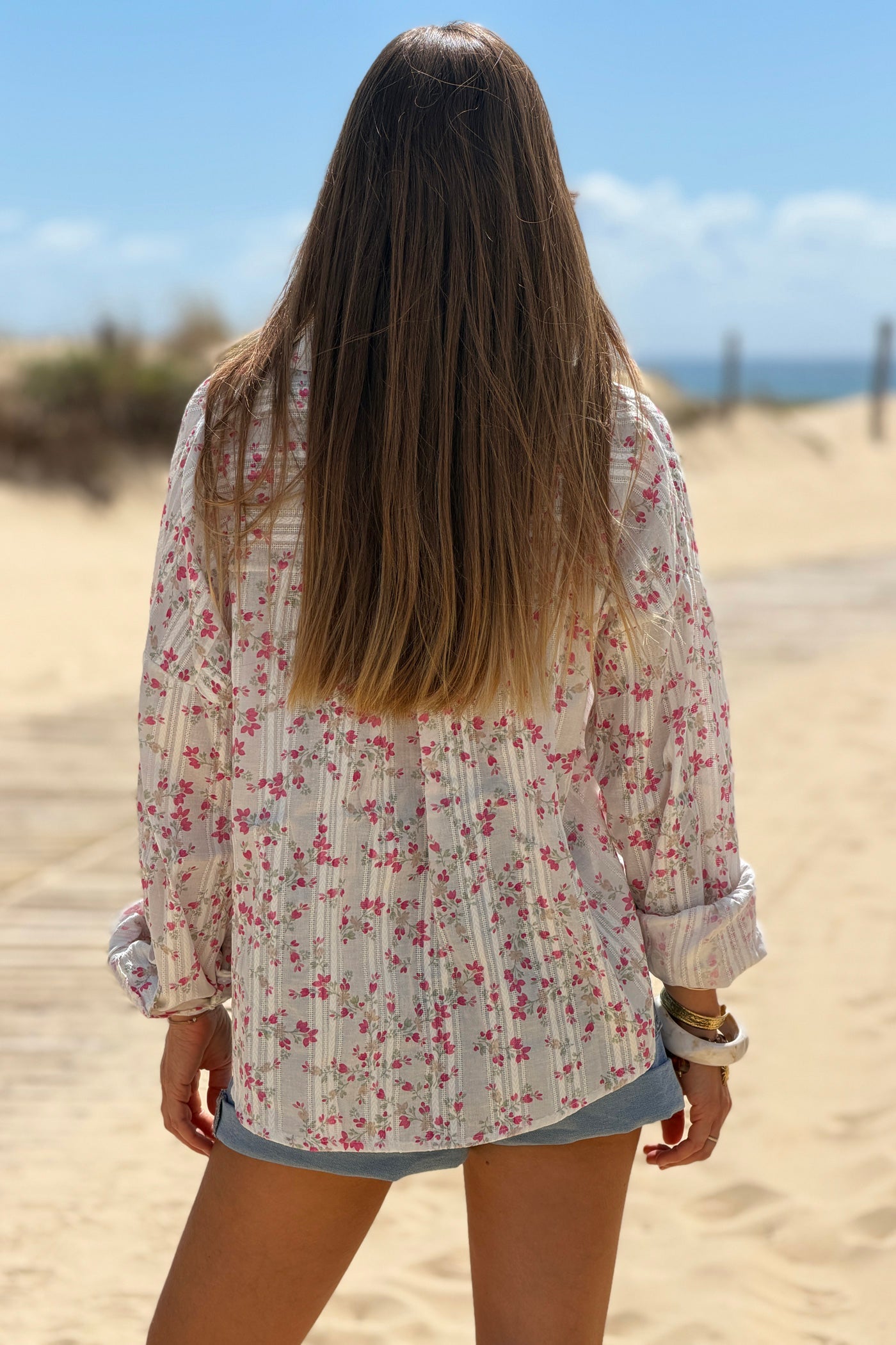 Camisa Algodón Pequeñas Flores Fucsia Rayas Bordado Calado