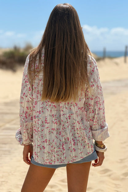 Camisa Algodón Pequeñas Flores Fucsia Rayas Bordado Calado