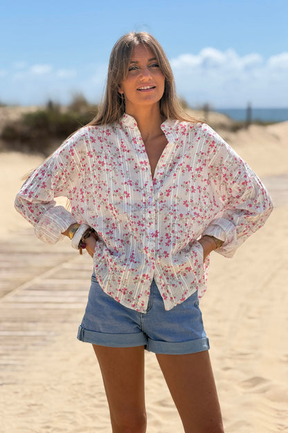 Camisa Algodón Pequeñas Flores Fucsia Rayas Bordado Calado