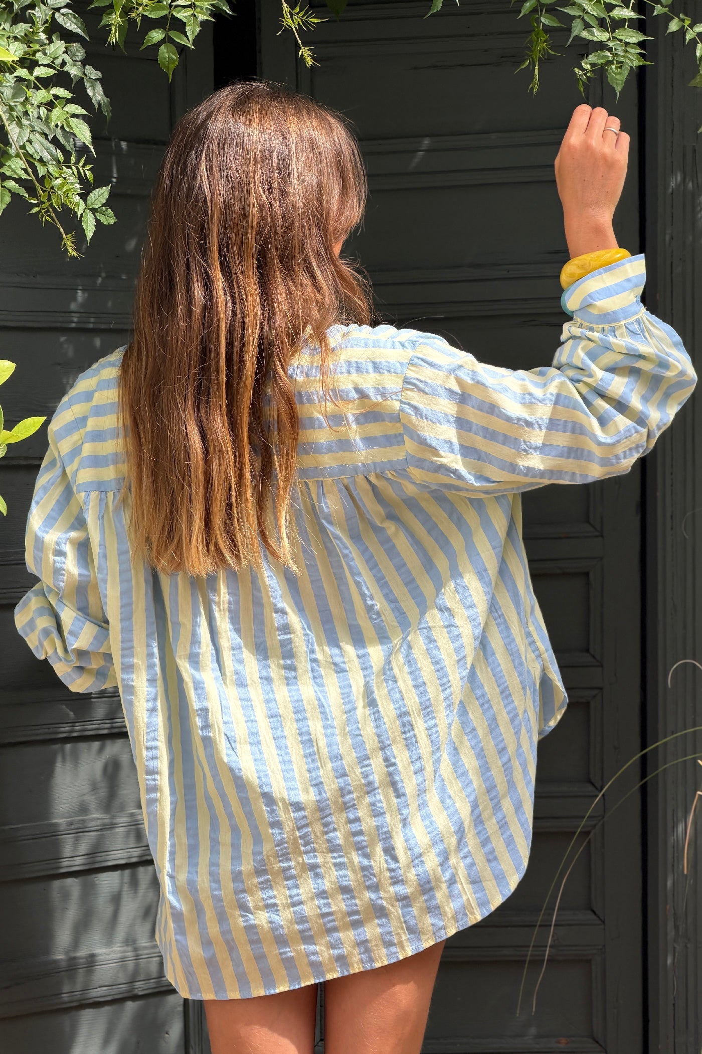 Camisa Algodón Rayas Amarillo Pálido y Azul Cuello Victoriano