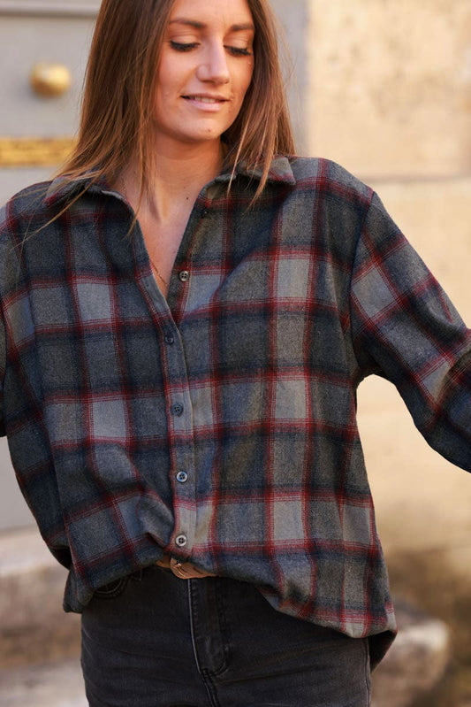 Camisa Franela Cuadros Gris Azul y Rojo