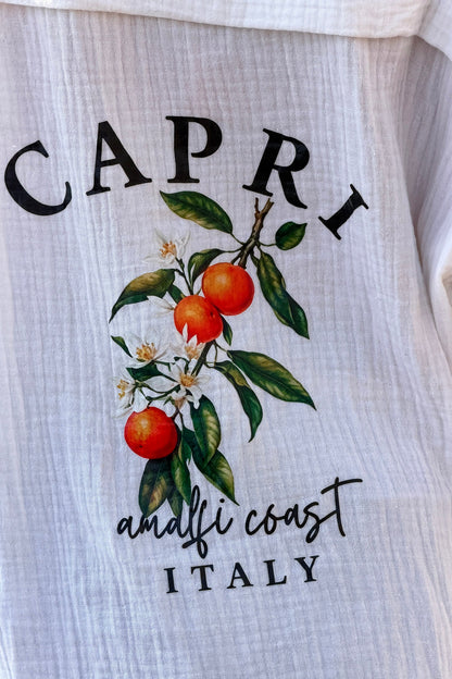 Camisa Gasa Algodón Blanco Roto Espalda Estampado Capri Amalfi Naranjas