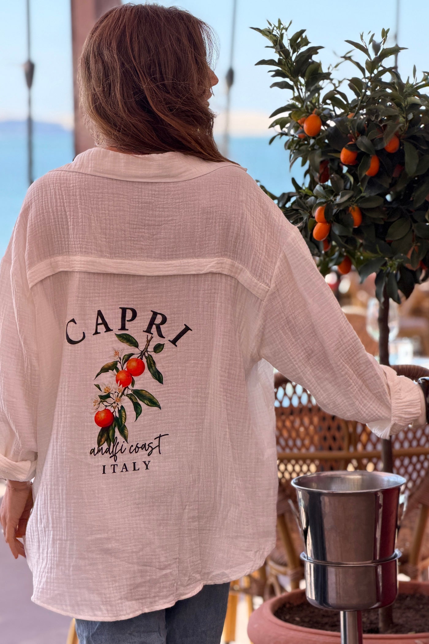 Camisa Gasa Algodón Blanco Roto Espalda Estampado Capri Amalfi Naranjas