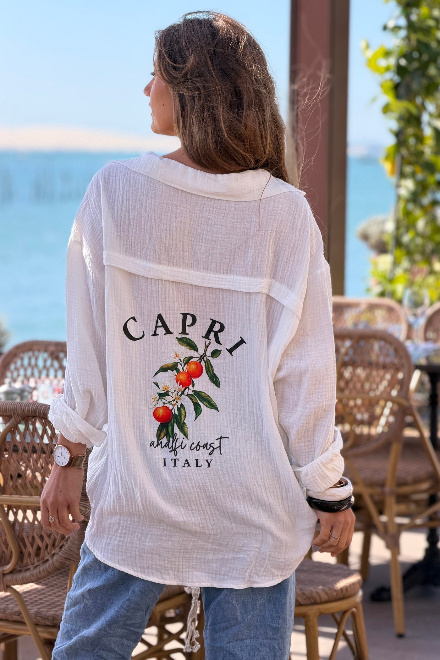Camisa Gasa Algodón Blanco Roto Espalda Estampado Capri Amalfi Naranjas