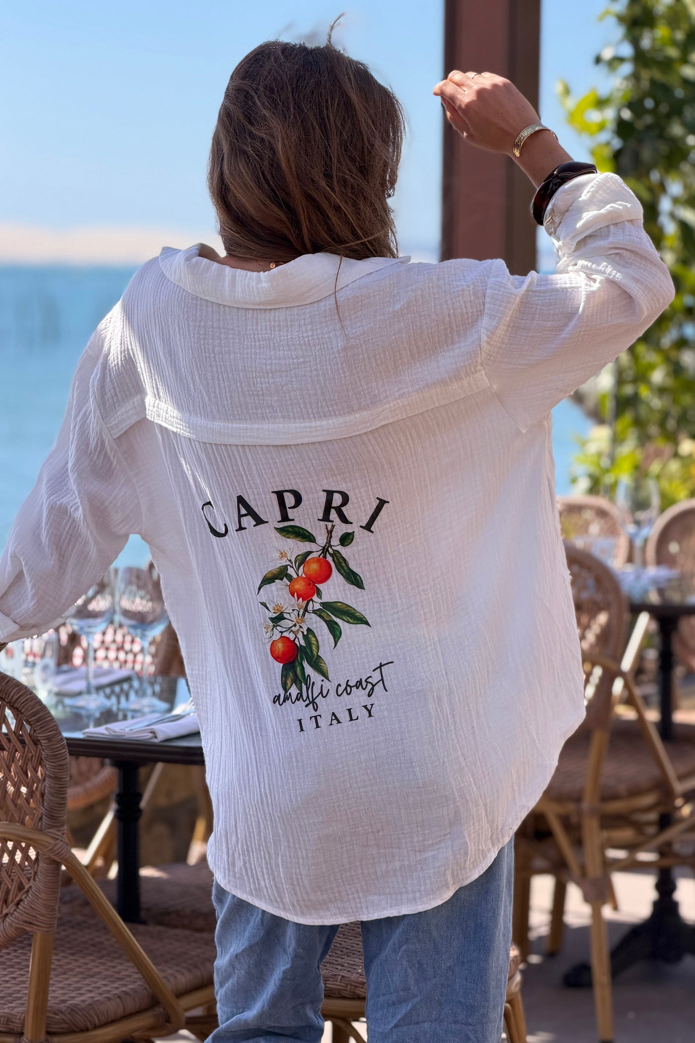 Camisa Gasa Algodón Blanco Roto Espalda Estampado Capri Amalfi Naranjas