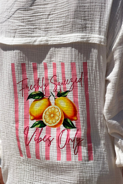 Camisa Gasa Algodón Blanco Roto Espalda Estampado Rayas Rosa Limones