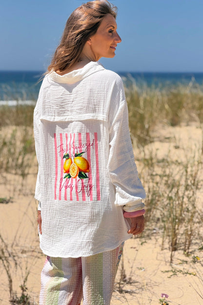 Camisa Gasa Algodón Blanco Roto Espalda Estampado Rayas Rosa Limones