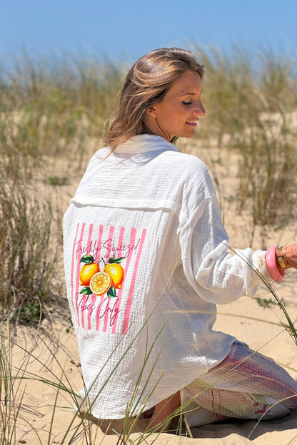 Camisa Gasa Algodón Blanco Roto Espalda Estampado Rayas Rosa Limones