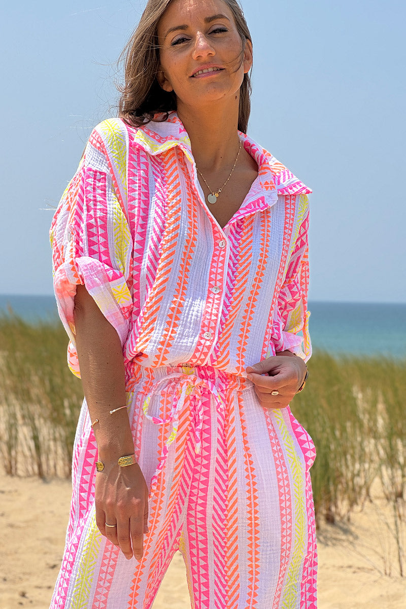 Camisa Gasa Algodón Estampado Étnico Rosa Naranja Amarillo