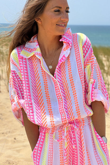 Camisa Gasa Algodón Estampado Étnico Rosa Naranja Amarillo