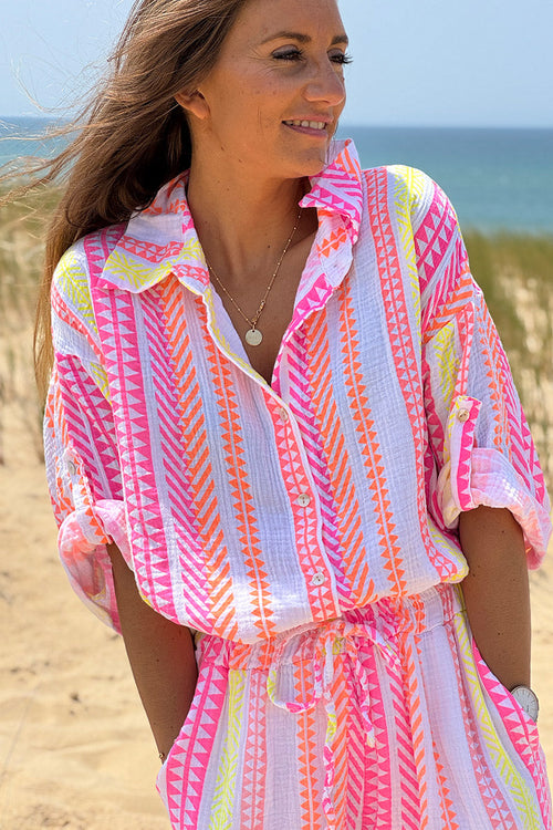 Camisa Gasa Algodón Estampado Étnico Rosa Naranja Amarillo