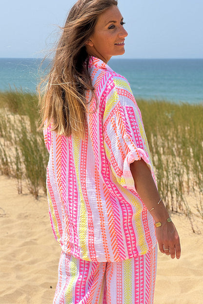 Camisa Gasa Algodón Estampado Étnico Rosa Naranja Amarillo