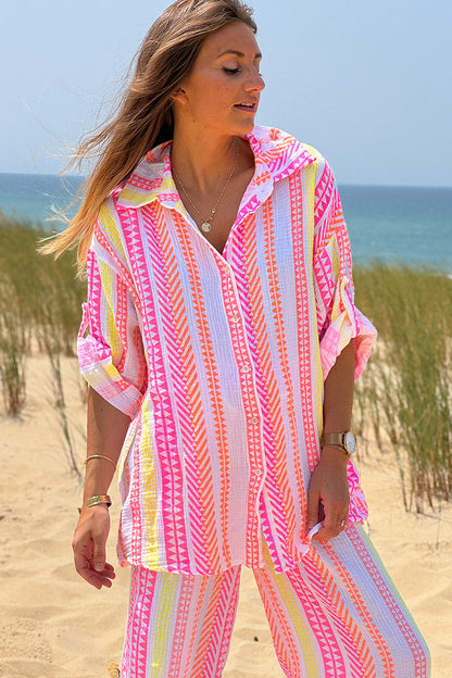Camisa Gasa Algodón Estampado Étnico Rosa Naranja Amarillo