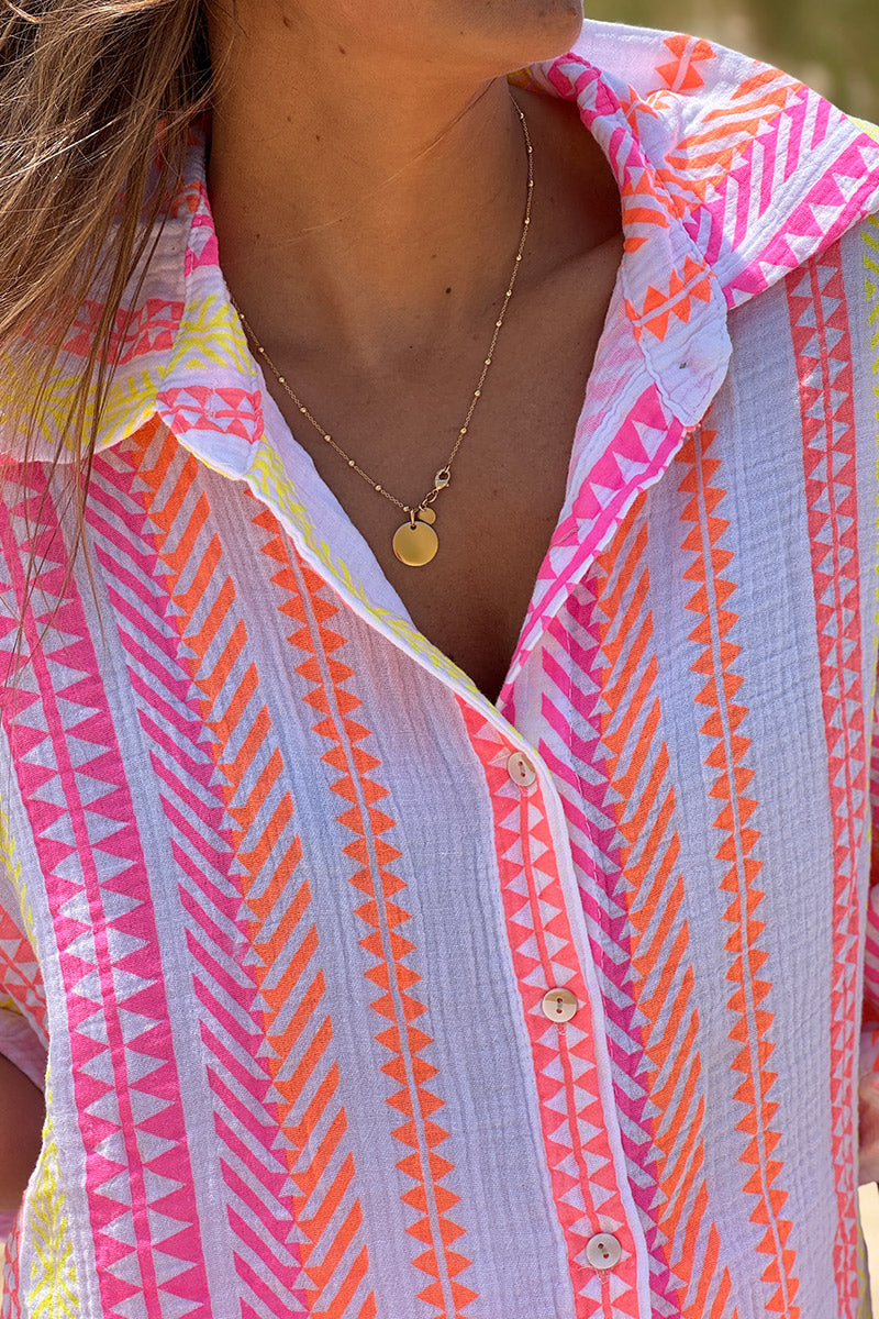 Camisa Gasa Algodón Estampado Étnico Rosa Naranja Amarillo