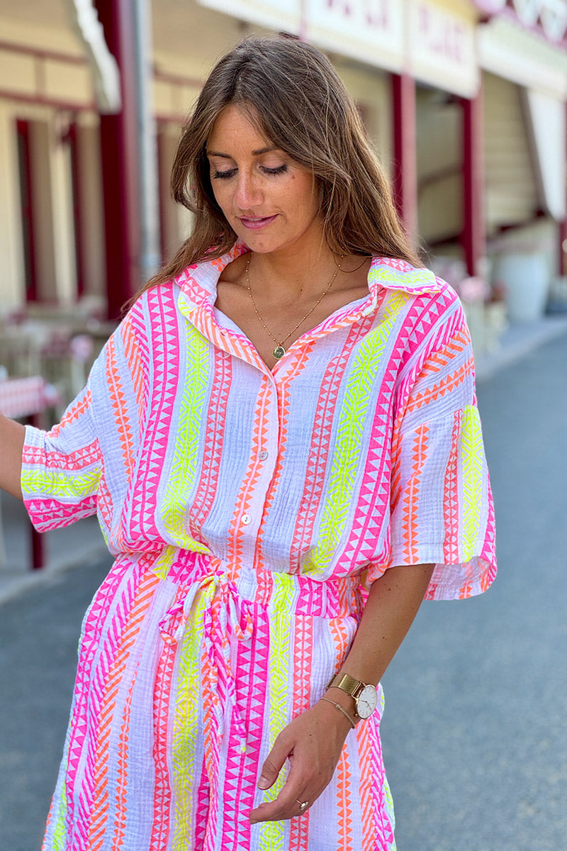 Camisa Gasa Algodón Estampado Étnico Rosa Naranja Amarillo Manga Corta
