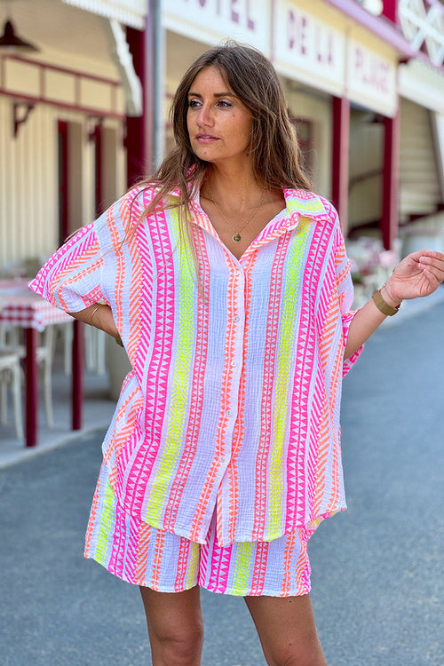 Camisa Gasa Algodón Estampado Étnico Rosa Naranja Amarillo Manga Corta