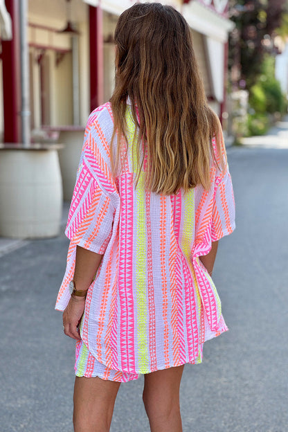 Camisa Gasa Algodón Estampado Étnico Rosa Naranja Amarillo Manga Corta