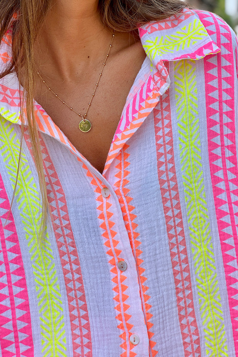 Camisa Gasa Algodón Estampado Étnico Rosa Naranja Amarillo Manga Corta