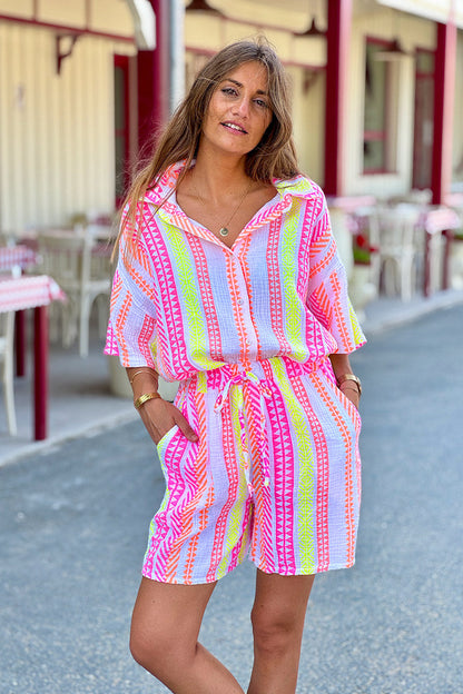 Camisa Gasa Algodón Estampado Étnico Rosa Naranja Amarillo Manga Corta