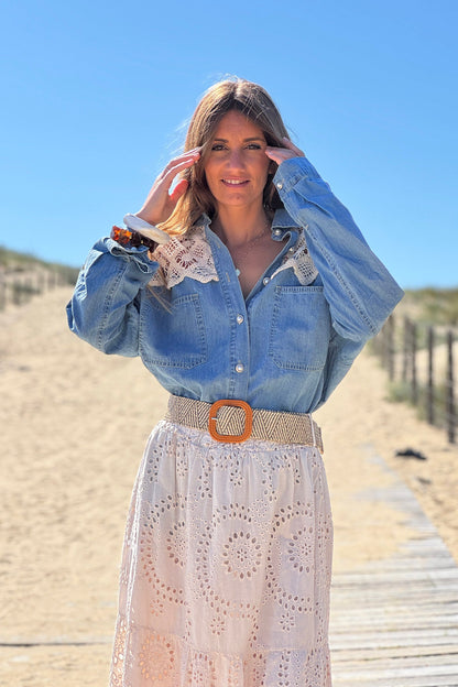 Camisa Denim Fluida Detalle Crochet en Hombros