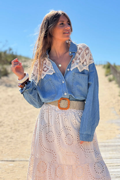 Camisa Denim Fluida Detalle Crochet en Hombros