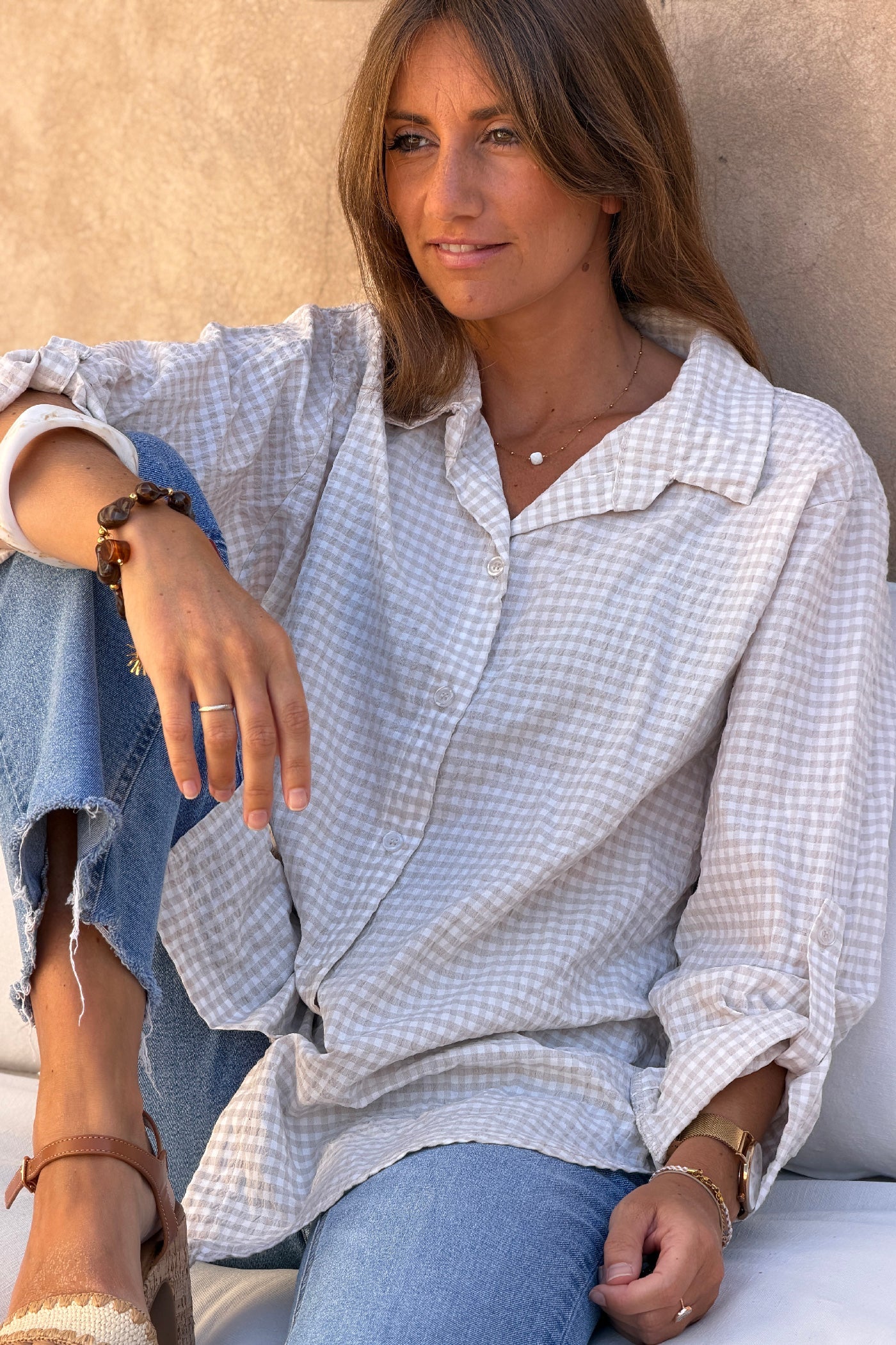 Camisa Amplia Seersucker Cuadros Vichy Beige