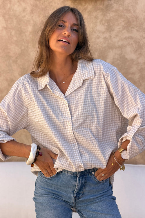 Camisa Amplia Seersucker Cuadros Vichy Beige