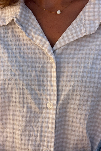 Camisa Amplia Seersucker Cuadros Vichy Beige