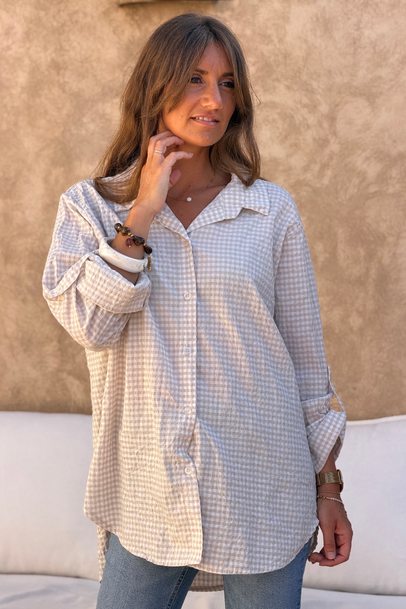 Camisa Amplia Seersucker Cuadros Vichy Beige