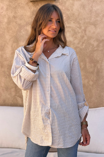 Camisa Amplia Seersucker Cuadros Vichy Beige