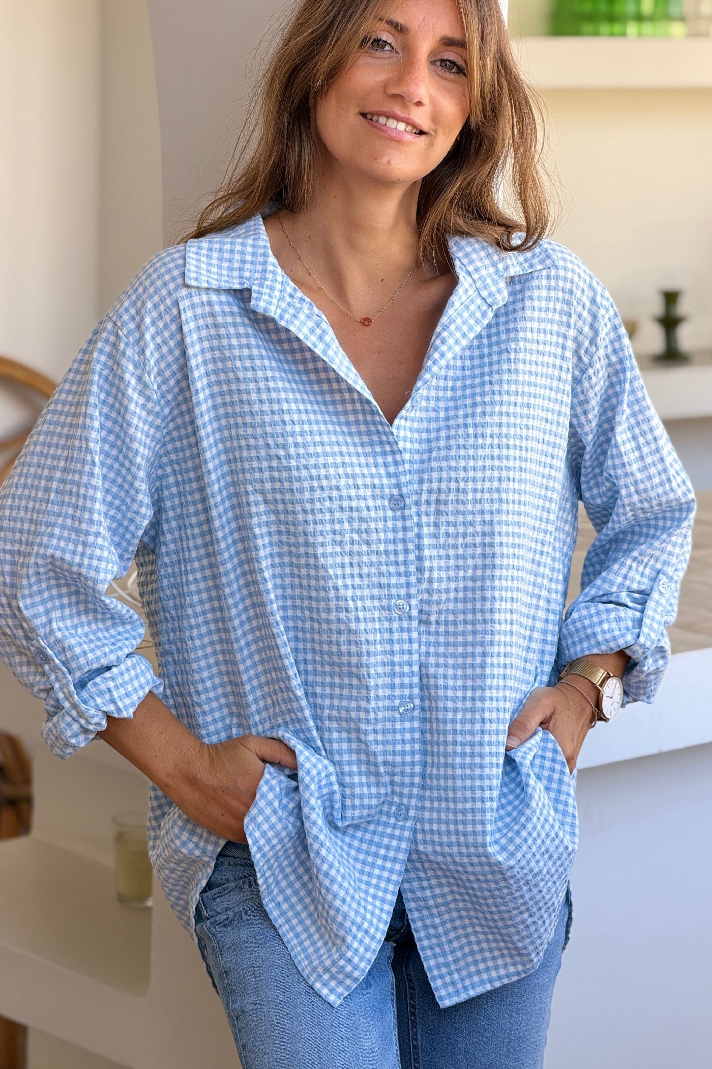 Camisa Amplia Seersucker Cuadros Vichy Azul