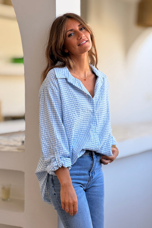 Camisa Amplia Seersucker Cuadros Vichy Azul