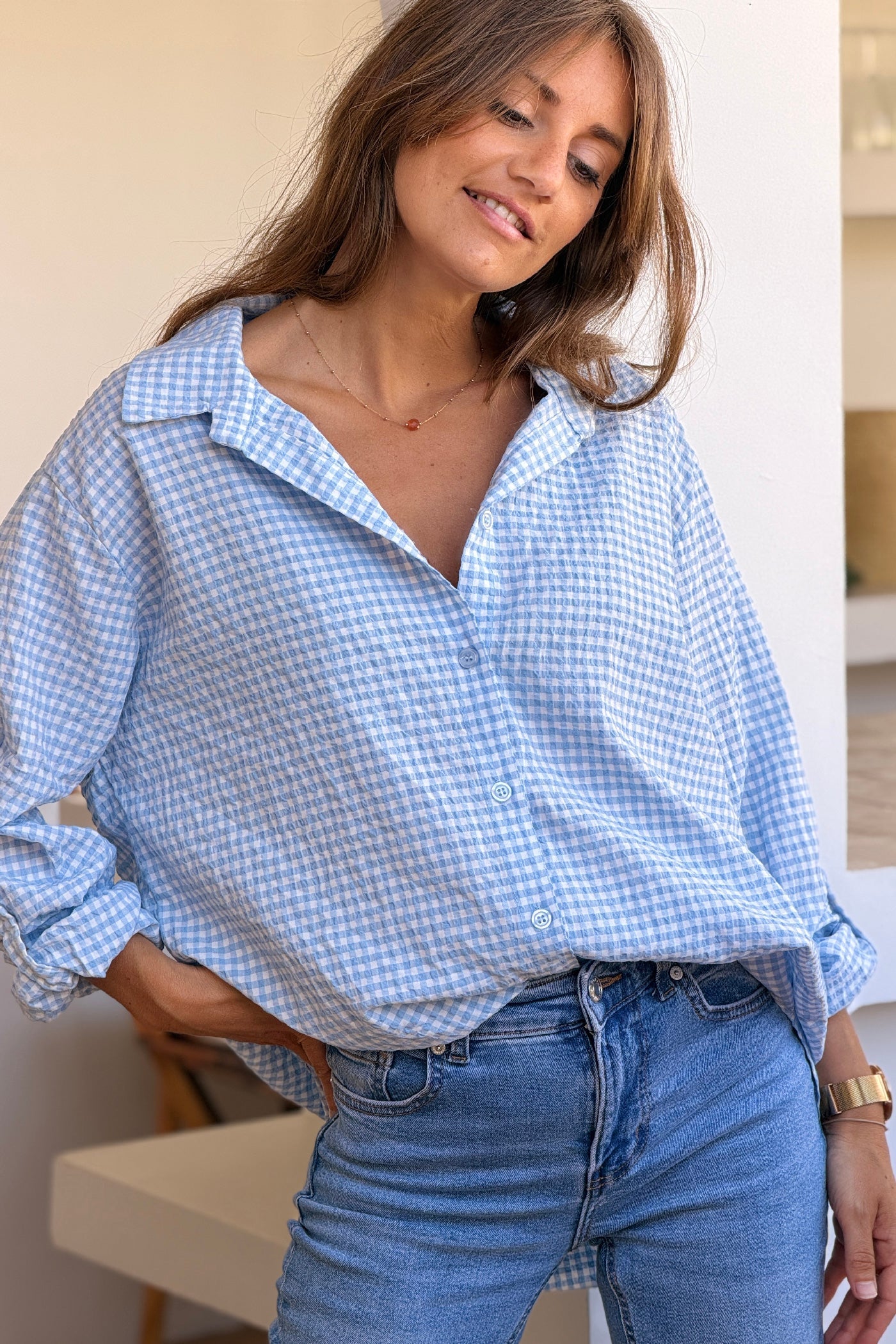 Camisa Amplia Seersucker Cuadros Vichy Azul