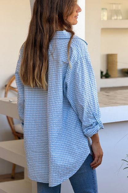 Camisa Amplia Seersucker Cuadros Vichy Azul