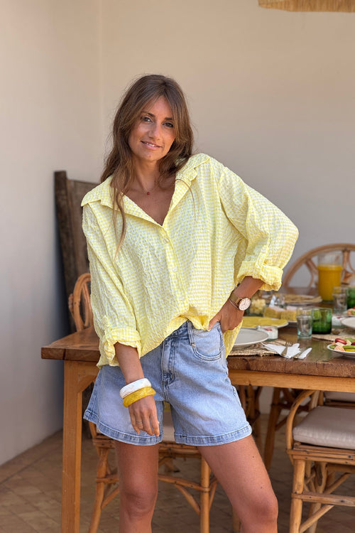 Camisa Amplia Seersucker Cuadros Vichy Amarillo