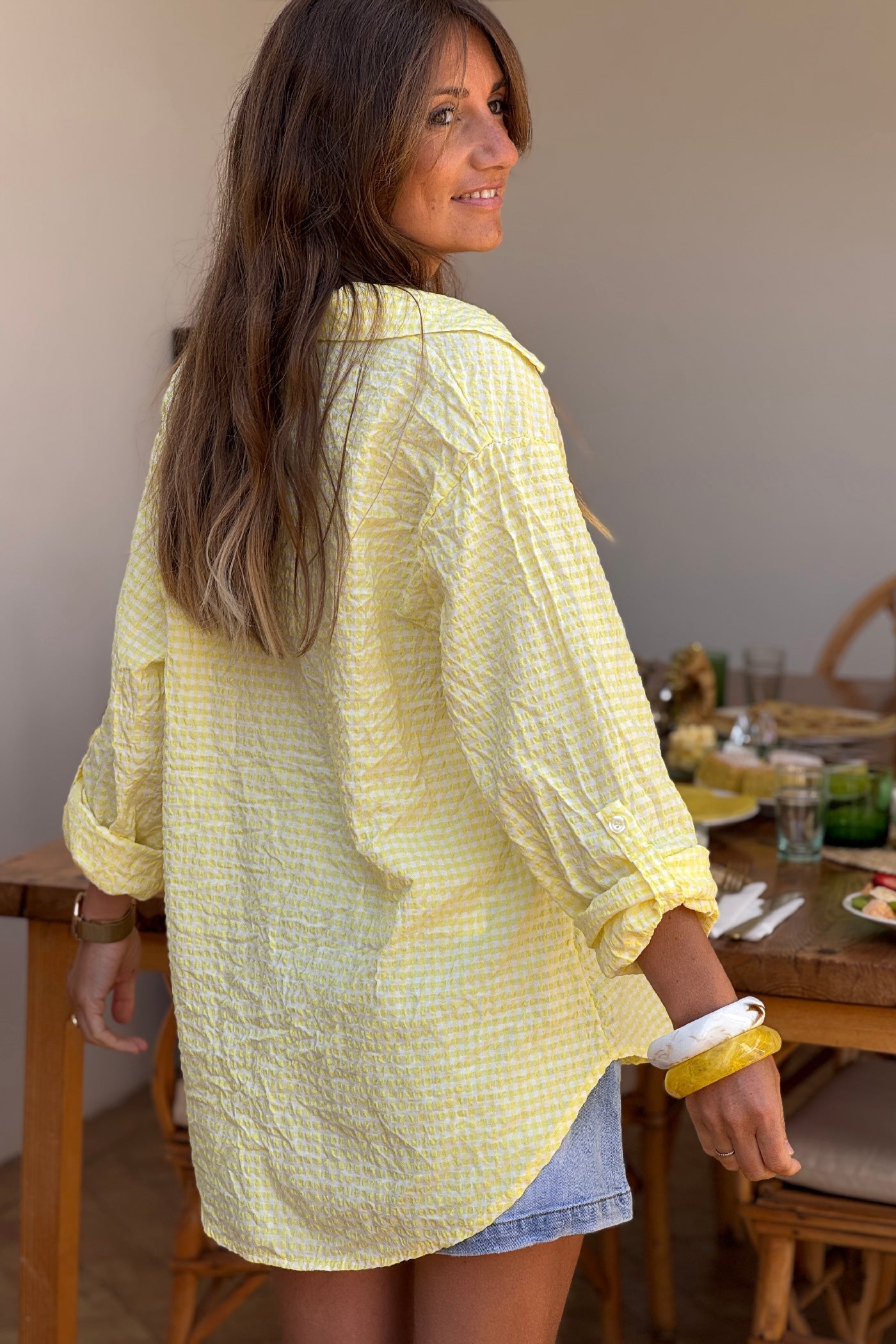 Camisa Amplia Seersucker Cuadros Vichy Amarillo