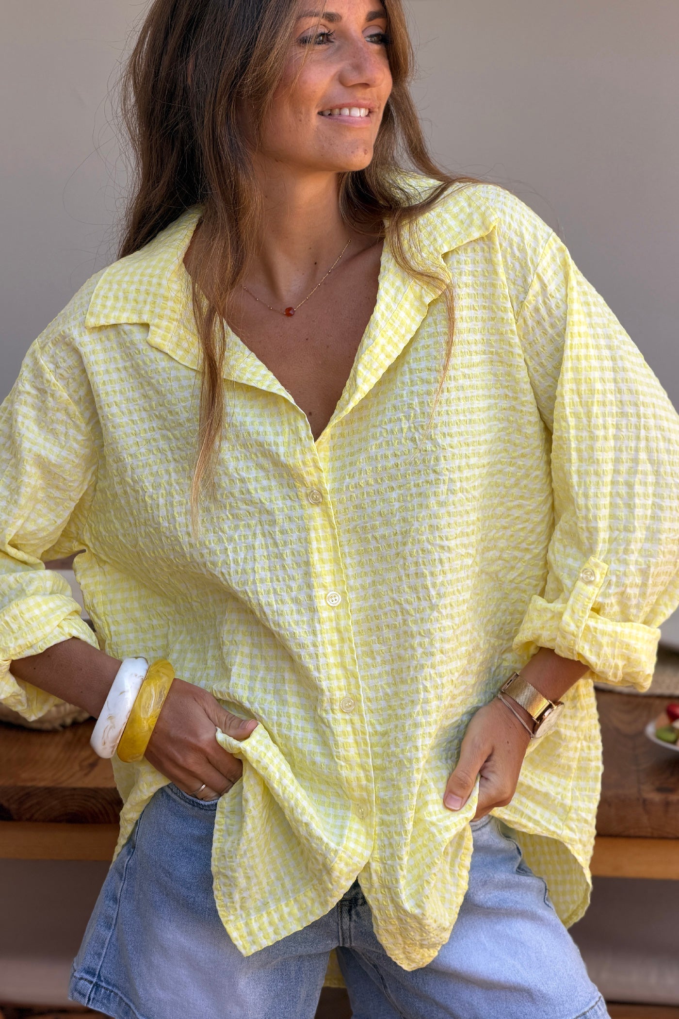 Camisa Amplia Seersucker Cuadros Vichy Amarillo
