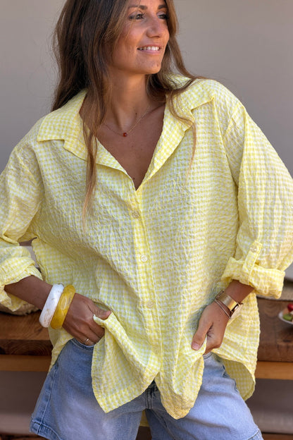 Camisa Amplia Seersucker Cuadros Vichy Amarillo