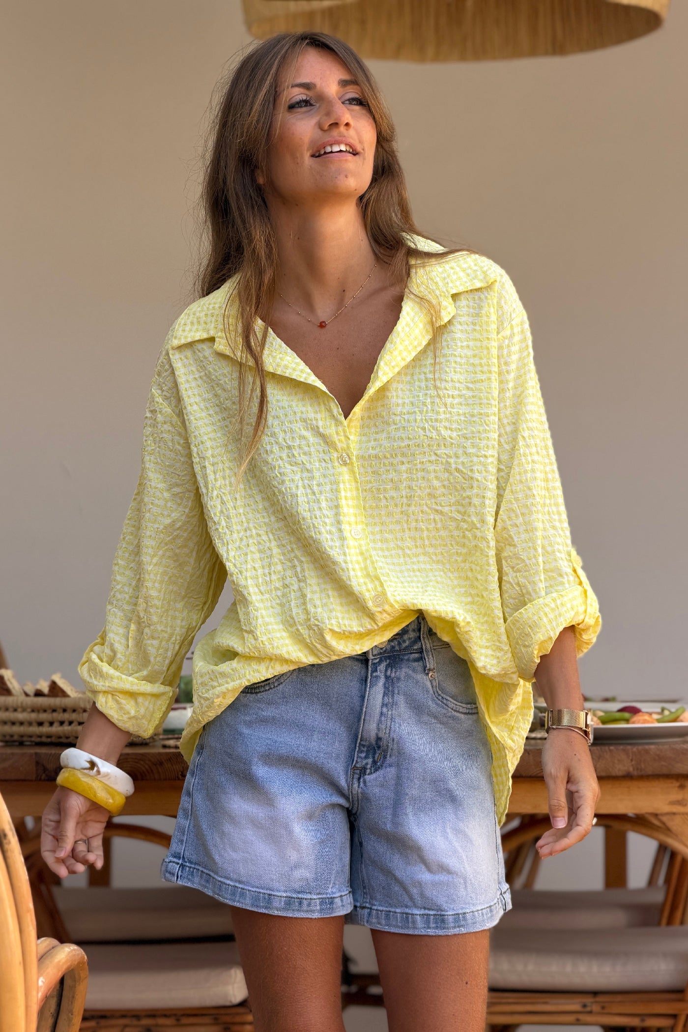 Camisa Amplia Seersucker Cuadros Vichy Amarillo