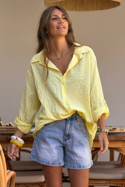Camisa Amplia Seersucker Cuadros Vichy Amarillo