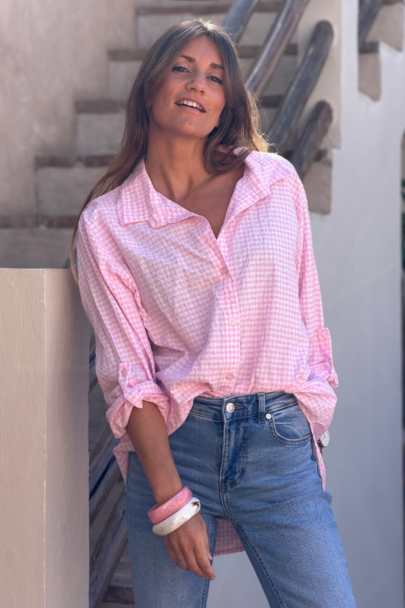 Camisa Amplia Seersucker Cuadros Vichy Rosa