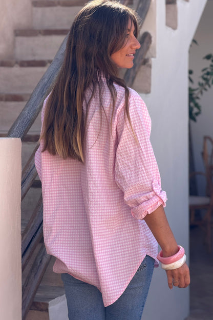 Camisa Amplia Seersucker Cuadros Vichy Rosa