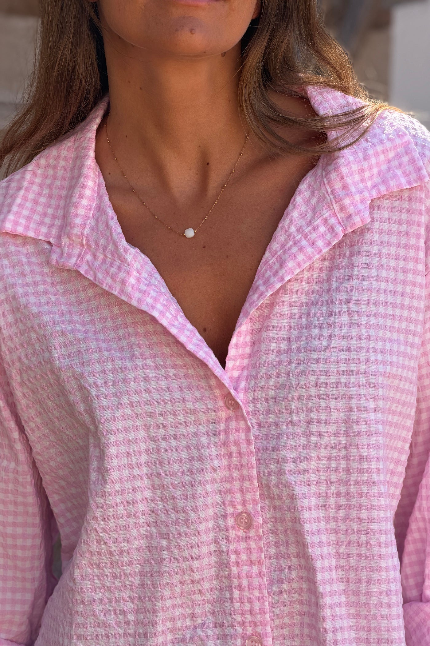 Camisa Amplia Seersucker Cuadros Vichy Rosa