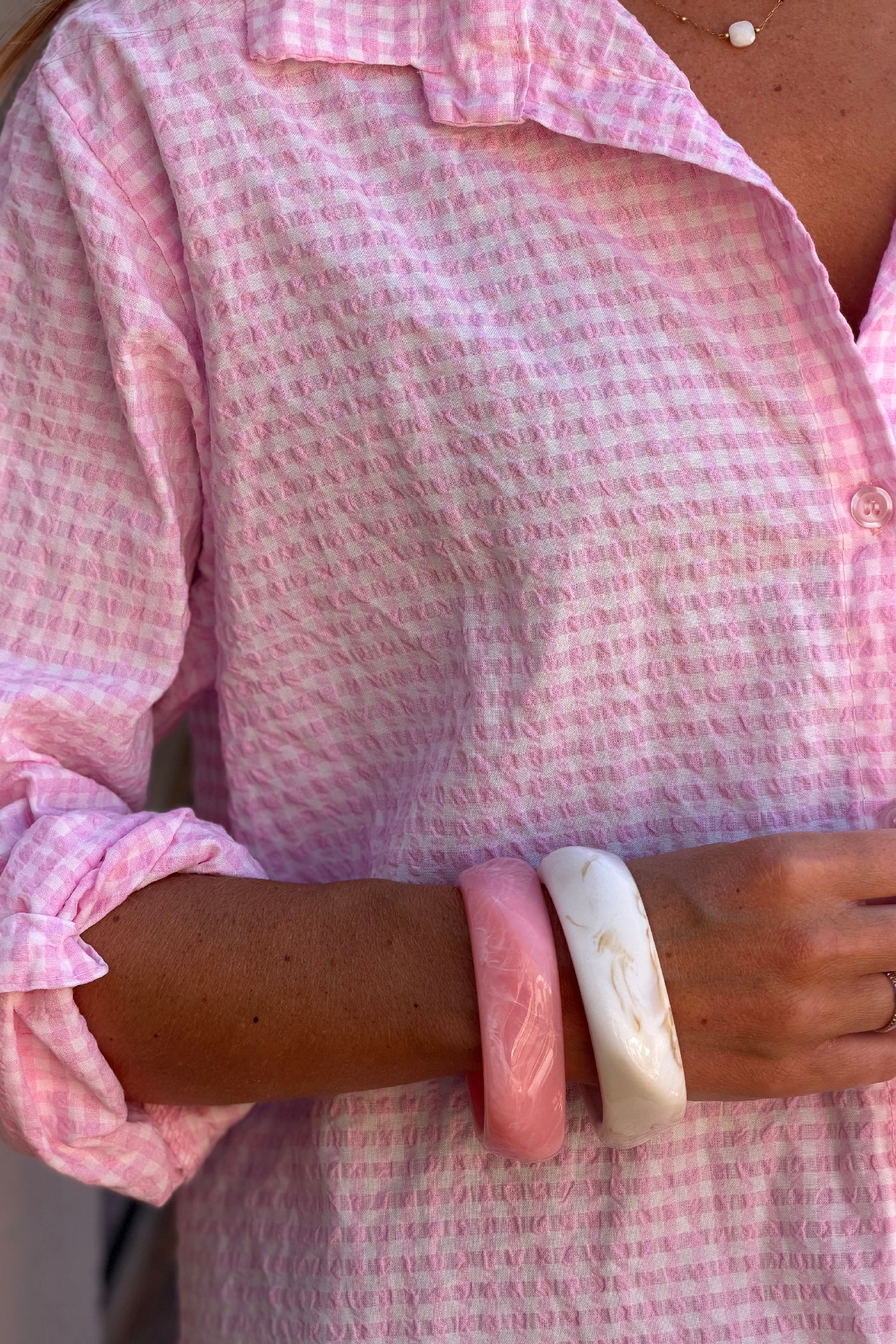 Camisa Amplia Seersucker Cuadros Vichy Rosa