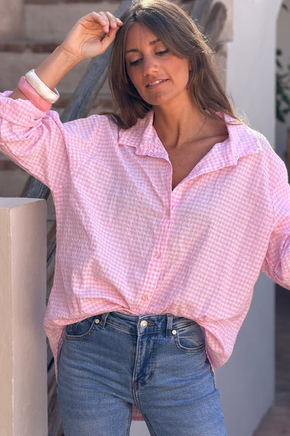 Camisa Amplia Seersucker Cuadros Vichy Rosa