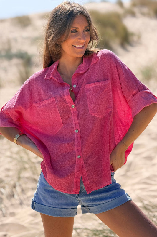 Camisa Frambuesa Lavada Algodón Mangas 3/4