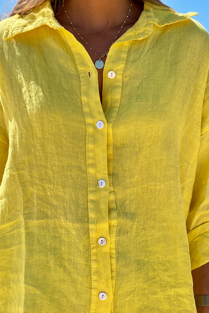 Camisa Lino Amarilla Botones Nácar