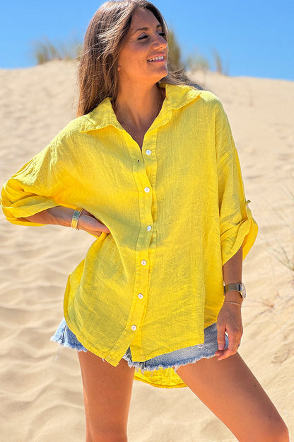 Camisa Lino Amarilla Botones Nácar