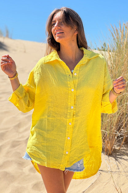Camisa Lino Amarilla Botones Nácar